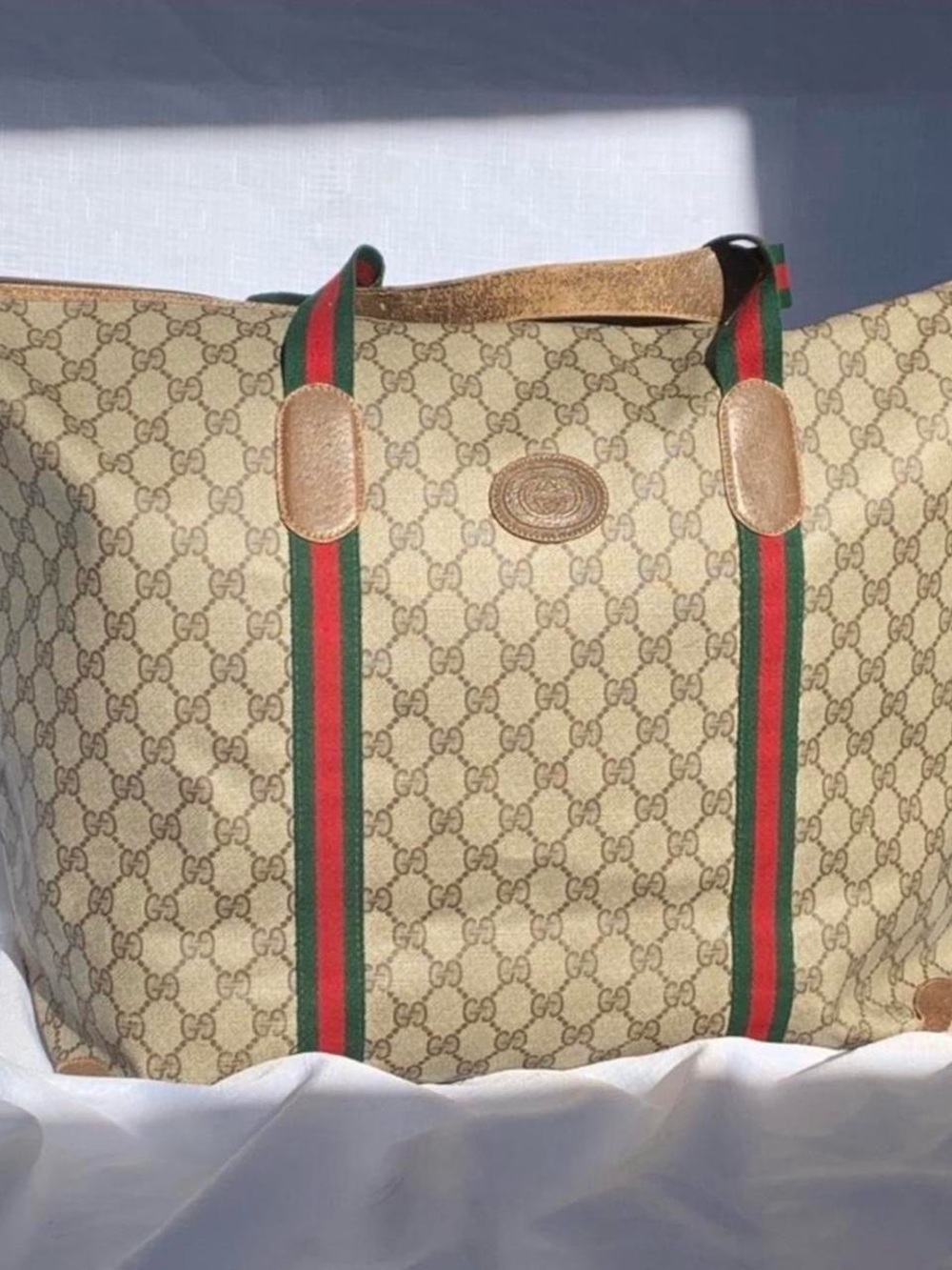 ♥️ GUCCI • Authentic Vintage GG Supreme Sherry Line XL Travel Tote / Weekender